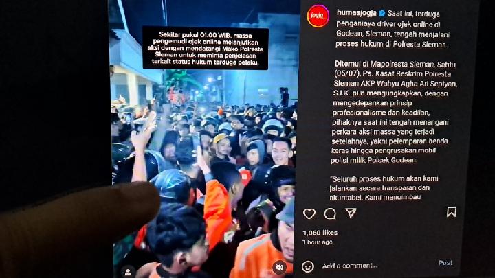 Unggahan tentang kericuhan pengemudi ojek online di Yogyakarta yang dimuat Instagram humas Pemda DIY pada Sabtu dinihari, 5 Juli 2025. Tempo/Charisma Adristy