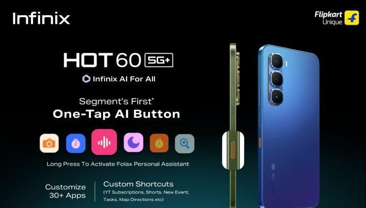 Tampilan ponsel Hot 60 5G+, dengan keunikan sendiri, membawa fitur andalan baru bernama One-Tap AI Button. (Dok. GSM Arena)