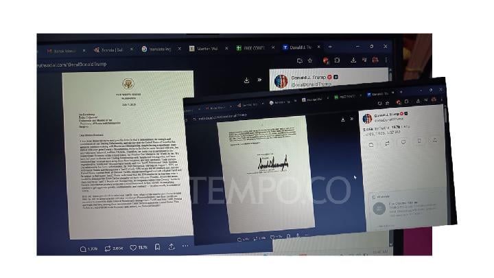 Tangkapan layar surat yang dikirimkan Presiden Amerika Serikat Donald Trump soal tarif resiprokal untuk Presiden Prabowo Subianto yang diunggah di akun resmi Trump di Truth Social. Tempo/Subekti