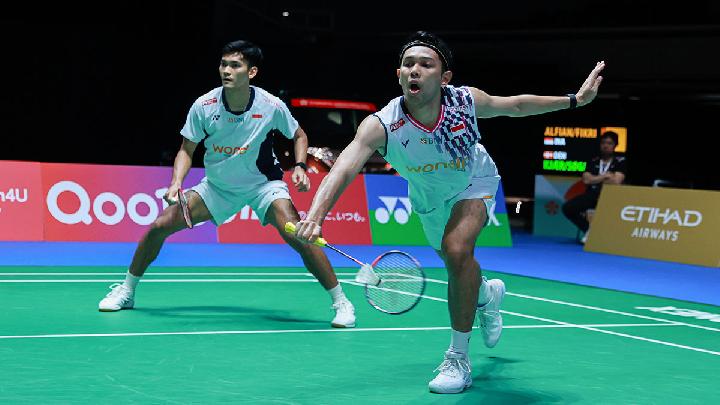 Ganda putra Indonesia Fajar Alfian / Muhammad Shohibul Fikri ketika bertanding di Japan Open 2025 di Tokyo Metropolitan Gymnasium, Jepang, 17 Juli 2025. Dok. Tim Media PBSI