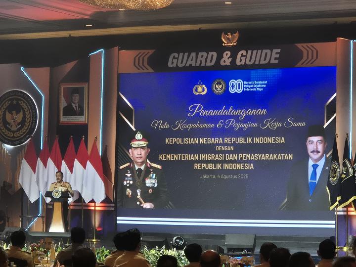 Penandatanganan nota kesepahaman dan perjanjian kerja sama antara Polri dan Kemenimipas di Hotel Shangri-la Jakarta, Senin, 4 Agustus 2025.