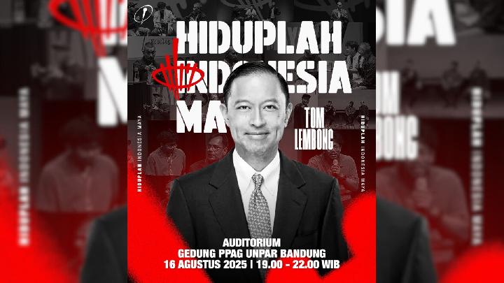 Festival Hiduplah Indonesia Maya akan digelar di Auditorium Gedung PPAG Unpar, Bandung, pada Sabtu, 16 Agustus 2025, menghadirkan Tom Lembong, Anies Baswedan, Pandji Pragiwaksono, Jason Ranti, Guzman Sige, dan Sammy Notaslimboy. Dok. Istimewa