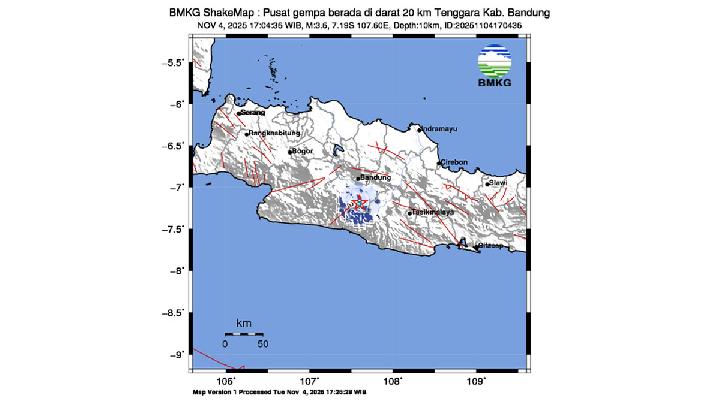 Gempa dengan magnitudo 3,6 mengguncang Kabupaten Bandung, Jawa Barat, pukul 17.04 WIB, 4 November 2025. Dok. BMKG
