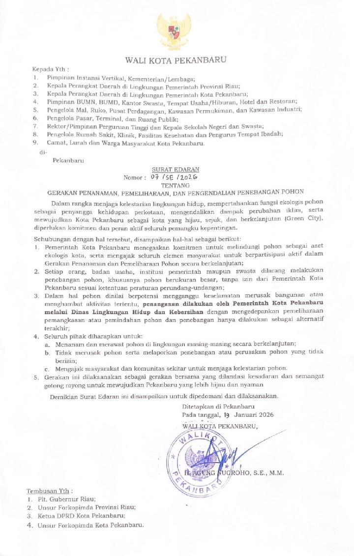 Wali Kota Pekanbaru Terbitkan Surat Edaran Larangan Penebangan Pohon