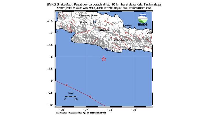 M4.0 Earthquake Hits Off Tasikmalaya Coast, Tremors Felt in West Java