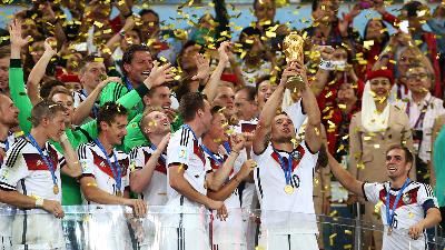 Germany's national team celebrates after defeating Argentina in the 2014 FIFA World Cup final at Maracana Stadium in Rio de Janeiro, Brazil, in 2014. Germany is the joint second-most successful nation in FIFA World Cup history, having won four titles. Shutterstock