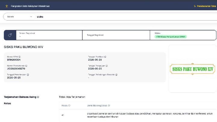 DJKI Sebut Permohonan Merek SISKS Paku Buwono XIV Masih Tahap Publikasi